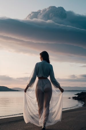 Inspired by photography from Vogue magazine, On a cloudy day, a woman is wearing a romantic transparent gauze, like clouds, a colorful long skirt, the woman's face is looming, the atmosphere is like smoke and a dream, it is indescribably beautiful.