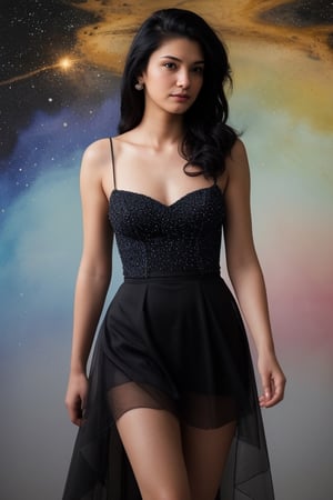a 20 yo, hot, young ,punjabi girl ,walking in halll   , Extremely Realistic, perfect , ultra sharp,  realistic skin , perfect, hand , gorgeous face , lookinginto camera, high quality , black hair, designer dress wear A hand-painted silk gown with a watercolor galaxy swirling across its sheer skirt, anchored by a fitted bodice adorned with constellations in scattered crystals.
