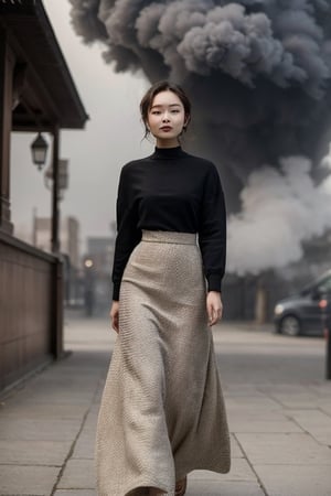 Inspired by photography from Vogue magazine, On a cloudy day, a woman is wearing a romantic transparent gauze, like clouds, a colorful long skirt, the woman's face is looming, the atmosphere is like smoke and a dream, it is indescribably beautiful.,bzsohee