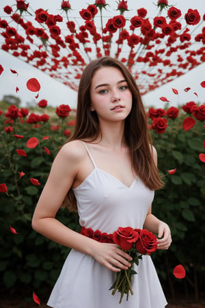  beautiful red roses and an explosion of red rose petals, creating a stunning scene that captures the essence of the celebration. a beautiful cute young attractive aussie teenage girl, village girl, 18 years old, cute, Instagram model, long brunette hair, big eyes,