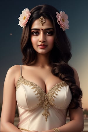 ((masterpiece)), ((best quality)), ((illustration)), extremely detailed,style girl, long shot, small breast,light white very_long_hair, hair ornaments, beautiful detailed deep brown eyes beautiful detailed sky, beautifuldetailed cinematic lighting, wearing  beautiful detailed long baby pink gown with artificial flower work on gown,Real Indian Girl,Girl