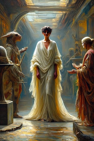 "In a surreal, impressionist style and a mix between dystopian sci-fi and abstract expressionism, with a focus on texture and form over realism.", "On the polished floor of a modern museum, a tall elegant princess stands draped in ancient flowing clothing. The scene is ethereal and ghostly, with a mix of surrealism and romanticism in the art style. The palette features rich, deep earthy tones of reds, browns, ochres, blues, yellows, and greens, with bold and visible impasto brushstrokes adding texture. Surrounding the princess are legendary creatures from mythology interacting with futuristic technology displayed in the museum exhibits. Customary architecture influenced by cultural rituals and significant historical events is showcased, creating a unique and fantastical atmosphere within the modern museum setting."