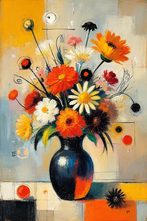 "A dreamlike, abstract still life of a vibrant bouquet of flowers in a vase, created in a hybrid style that blends Odilon Redon’s ethereal and fantastical aesthetic with Paul Klee’s abstract, surreal approach. Use overlapping shapes and fluid, layered forms to create depth and a sense of foreground-background separation. The flowers in the foreground should be defined with warm, bold colors and subtle textures, while the background elements should be rendered with soft, muted hues and a delicate, blended effect to establish value contrast. Employ implied perspective and hierarchical placement, with the vase positioned centrally as an anchor for the composition, surrounded by playful, abstract floral shapes and sweeping lines. Ensure the scene evokes a harmonious balance, filled with a spectrum of colors and flowing elements that create a sense of enchantment and tranquility, capturing the poetic essence of both artists’ styles.", "Random abstract symbols and linework scattered throughout the composition, in thin, scratchy, black and white lines. Small circular accents in white and red add contrast. Faded geometric squares and a large rectangle of subtle, dark color at the bottom."