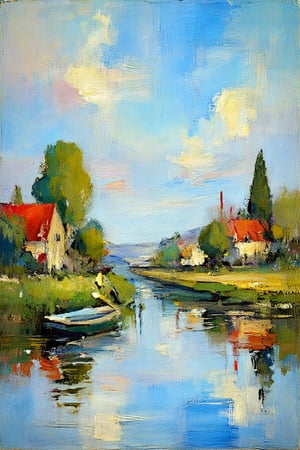 "Create a distant landscape scene in the style of Impressionism, featuring an expansive view of a peaceful, rural setting with more pronounced industrial buildings and chimneys near a body of water. A small boat is included on the river, with a person leisurely rowing or sitting, adding a gentle sense of movement and life to the serene atmosphere. The viewer’s perspective is slightly elevated, looking straight across a calm river, with soft reflections of the boat, buildings, and trees in the water. The riverbank in the foreground features lush green vegetation with wildflowers and bushes, with more variation and subtle texture. The background has distant rooftops, chimneys releasing light smoke, and soft, atmospheric trees. The color palette is soft and natural, with dominant tones of soft blues, greens, and whites creating a calm and peaceful atmosphere. The sky should feature soft, blended clouds with whites more distinct, and the reflections in the water should be more diffused. The lighting is soft and natural, evoking a cloudy day with very subtle, diffused light and no harsh shadows. The brushstrokes should remain loose and textured, with an emphasis on the play of light and color. The atmosphere is calm and reflective, with the background softly fading into the horizon, creating a natural depth. (masterpiece, ultra-high resolution, sharp focus, crystal clear details, vivid textures, high clarity, defined edges, ultra-sharp textures, subsurface scattering, while the background remains softly blurred and less defined)."