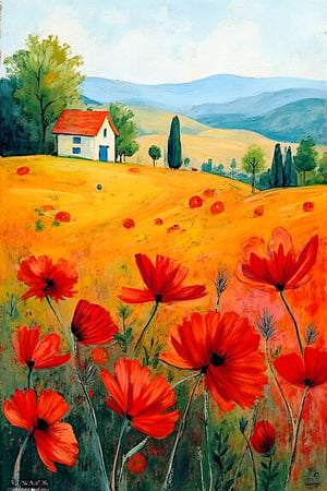 In an abstract, impressionist style, the scene depicts a vibrant field of poppies with a house visible in the distance. The red poppies sway gently in the breeze, painted with delicate and expressive brushstrokes that capture their vivid color and natural movement. The field stretches toward the horizon, where a small house is nestled among trees, softened by the warm sunlight. The background features rolling hills and a bright, open sky, painted in soft shades of blue and white. The overall atmosphere is peaceful and idyllic, with the vibrant red poppies creating a striking contrast against the softer tones of the landscape.,LeJardinDesPlantes