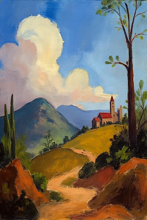 Painting style is characterized by a expansive, dystopian landscape, featuring the ruins of a distant church on a hill. 