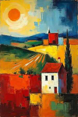 "a fine art abstract oil painting in the style of paul klee", "an expansive, awe-inspiring abstract landscape of tuscan rolling vineyards and homes", "(surrounded by abstract grape vineyards:1.4)", "(a luminous golden abstract moon in the background:1.0)", "(an abstract figure in the foreground:0.4)", "use a color palette consisting of Burnt Sienna (a warm reddish-brown, versatile and rich), Cadmium Yellow (vibrant highlights), Ultramarine Blue (depth and shadows), and Sap Green (a deep, earthy green), accented with touches of white and black.", "bold, dramatic brushstrokes", "composition should be balanced and harmonious", "(an abstract building or structure leading into a vast, detailed background:1.4)", "abstract rendering for the main subjects and more abstract, textured brushstrokes for the sky and distant elements", dramatic lighting and strong contrasts between light and shadow", an immersive and powerful aesthetic experience" 