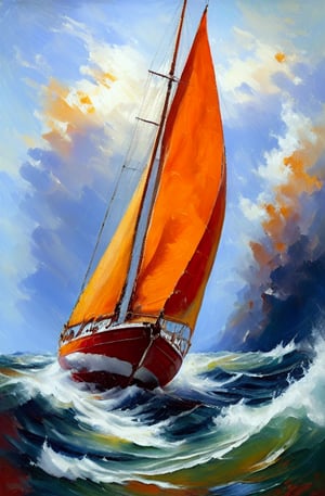 Create a painting of a ketch sailboat, heavy seas, use visible brush strokes, high level of sharpness, making everything clear and distinct, clean, defined edges, civetartstyle