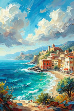 "A peaceful coastal cityscape with densely packed buildings in warm Mediterranean colors, featuring shades of terracotta, ochre, and soft cream, nestled on hilly terrain overlooking a bright turquoise sea. The sea is calm, reflecting the deep blues and greens of the surrounding landscape, with a distant island or fortress visible across the water. The sky is filled with large, swirling clouds in hues of bright azure, creamy whites, and soft yellows, painted with bold, textured brushstrokes. The scene feels expansive and dreamlike, with a vibrant yet soft color palette blending rich blues, greens, and warm earth tones throughout the sky and city. The mood is calm and serene, capturing the natural beauty of a sun-drenched Mediterranean coastal city under a bright, airy sky.", (masterpiece, ultra-high resolution, sharp focus, crystal clear details, vivid textures, high clarity, defined edges, ultra-sharp textures, subsurface scattering, while the background remains softly blurred and less defined)
