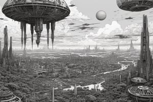 expansive, view from space, sci-fi alien city. otherworldly, abstract, supernatural, extraterrestrial, rivers, gardens, cloudy skies, futuristic flying vehicles, highly detailed pen drawings, in the style of "Rogue One: A Star Wars Story (2016)", Vincent Di Fate