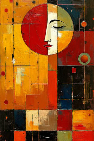 "((masterpiece, best quality, highest quality)), (rich abstract shapes:1.4), a surreal and dreamlike composition with bold, contrasting colors. A stylized abstract figure with closed eyes in a harmonious state, rendered with saturated hues of warm ochre, deep amber, and vibrant red, accented with hints of olive green and midnight blue. ((Dynamic volumetric light and natural luminosity)) bring depth, while rich textures evoke a tactile feel. The figure’s features are simplified yet expressive, set against a richly toned background, creating a balance of warmth and intensity. Glossy textures with light catching the edges add subtle highlights. The overall composition exudes tranquility and intrigue, with organic and geometric forms adding a sense of mystery.",  "Random abstract symbols and linework scattered throughout the composition, in thin, scratchy, black and white lines. Small circular accents in white and red add contrast. Faded geometric squares and a large rectangle of subtle, dark color across the bottom."