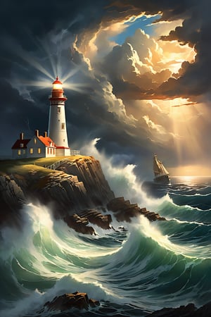 "A dramatic scene with a towering lighthouse on a rocky cliff, illuminated by a powerful beam of light cutting through a dark, stormy sky. The lighthouse lamp is intensely bright, casting a strong light that pierces through the darkness and highlights the jagged rocks and crashing waves below. Waves crash violently against the rocks, and a distressed ship battles the turbulent sea. The image features intense chiaroscuro lighting, with stark contrasts between light and dark areas, creating deep shadows and bright highlights. The lighthouse stands as a beacon of light amidst the darkness, casting long shadows across the scene. The background is filled with dramatic clouds, adding to the sense of intensity and depth. Visible brush strokes and a painterly texture enhance the dramatic atmosphere. The overall mood is one of suspense and power, with dynamic elements like the waves and clouds adding to the sense of motion and energy."