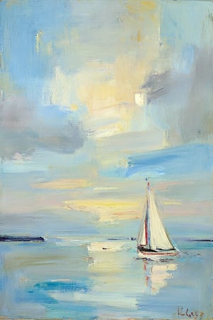 "A tranquil seascape with a wide, open horizon and calm waters reflecting the soft, textured sky. A small sailboat with a red stripe on its sail is gently tilting in the wind, positioned near the right side of the scene. The sky is filled with swirling clouds in shades of blue, gray, and soft yellow, with bold brushstrokes creating a sense of movement. The horizon is low, emphasizing the vastness of the sea and sky. A faint second sailboat can be seen in the distance, adding depth to the scene. The overall mood is calm and contemplative, with muted blues, grays, and yellows blending across the sky and water."