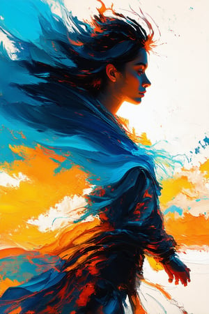 A dynamic figure bursts forth from a vortex of swirling colors, hair windborn as they hurtle towards the viewer. Powerful brush strokes evoke a sense of energy, with textured brush strokes giving depth to the turbulent scene. The subject's face is a blur of motion. A maelstrom of abstract shapes surrounds them, like a whirlpool drawing in the viewer. Brush strokes dance across the canvas, imbuing the piece with an emotional intensity that feels almost palpable. The focus is sharp, yet the overall effect is one of blurred motion, as if time itself is warping.