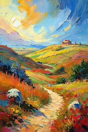 "Create a fine art oil painting inspired by the styles of Camille Pissarro and Vincent van Gogh, depicting an expansive landscape with ancient ruins on a distant hill. The scene features a winding path in the foreground, with expressive brushstrokes portraying scattered rocks, wildflowers, and lush greenery in vibrant colors. Intensify the lighting with golden sunlight breaking through dramatic, swirling clouds, casting deep shadows and bright highlights across the landscape. The ruins should appear prominently on a raised hill, illuminated by the warm glow of the setting sun. Use a vivid and dynamic color palette, incorporating rich oranges, reds, and yellows in the foreground, with contrasting cooler blues, purples, and greens in the distance. Add thick, textured brushstrokes to convey movement and energy, and introduce swirling patterns in the sky to evoke a sense of drama. The overall composition should capture the lively interplay of light, color, and texture, evoking a powerful emotional response while blending Pissarro's impressionistic charm with Van Gogh's boldness and intensity."