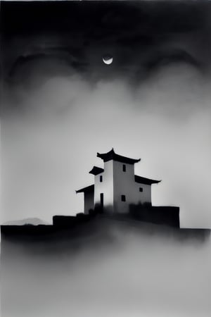 Zen Ink Wash Sumi-e, A house on a rugged cliff with mountains in the distance, monochrome, greyscale, white background, tranquil, traditional media, ink, nature, solo, landscape., ink wash painting,shuimo style