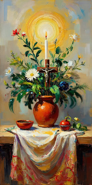 A beautiful, religious-themed still life painting in a blend of impressionist and expressionist styles, with vibrant, expressive brushstrokes and rich, emotive colors. Centered on a sacred arrangement of terracotta pots, lush green plants, and flowers, the composition reflects a sense of divine abundance and spiritual growth. Include symbolic religious artifacts subtly integrated within the scene, like a small, glowing candle or a crucifix intertwined with the foliage, hinting at a connection to the divine. Soft, ethereal lighting casts a heavenly glow over the scene, with warm and cool tones merging to create a dreamlike, reverent atmosphere. The foreground features a weathered, draped cloth with intricate patterns reminiscent of sacred iconography, leading the viewer’s eye toward the central plants, whose lush green leaves and blossoming flowers symbolize renewal and spiritual awakening.