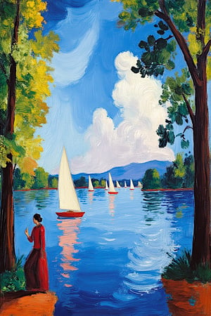 A fine art oil painting in the style of August Macke's Fauvism, depicting regattas at Argenteuil. The scene features an expansive view of the lake with vibrant sailboats scattered across the water, framed by trees on both sides. The sky includes subtle gradients and cloud textures, adding visual interest while maintaining bright, expressive colors. The water reflections are varied and textured, capturing the movement of the lake. The horizon line is slightly lower, giving a more expansive feel and drawing attention to the openness of the sky. The brushstrokes are bold and dynamic, conveying a lively atmosphere.