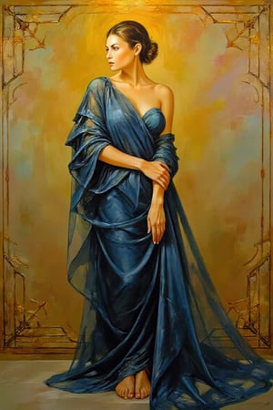 In a hybrid style combining Karol Bak's fine art oil painting with the elegance of Art Deco, this full-body composition showcases a classically styled figure standing in a poised and introspective stance. The subject is elegantly dressed in a flowing, deep blue fabric that drapes down to the floor, rendered with bold, dynamic brushstrokes typical of Karol Bak's expressive technique. The fabric flows fluidly around the figure, contrasting with the subject’s pale, glowing skin, depicted with a soft, radiant quality and warm undertones. The face and arms are in sharp focus, with crystal-clear details and vivid textures, ensuring the facial features and skin are highly defined and striking. The figure is standing tall, with an elegant, refined posture, and the details of the body, from the head to the feet, are carefully balanced with dynamic lighting that originates from the upper left, casting dramatic shadows across the subject’s features. The subject’s hair is styled in an Art Deco-inspired updo, with subtle golden highlights catching the light. Geometric, metallic Art Deco elements are integrated into the background and the floor, featuring symmetrical, bold designs in gold, silver, and muted tones, providing a structured contrast to the loose, flowing fabric. The background is a blend of rich Karol Bak-inspired colors—deep carmines, warm ochres, and Prussian blues—merged with the intricate, geometric lines of Art Deco, creating both depth and texture. The subject stands on a sleek, reflective surface typical of Art Deco interiors, adding to the sense of luxury and refinement. The overall scene balances the fluidity and opulence of Karol Bak’s palette with the elegant geometry and sophistication of Art Deco, creating a mood of contemplation and timeless beauty.