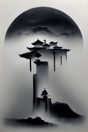 Zen Ink Wash Sumi-e, A house on a rugged cliff with mountains in the distance, monochrome, greyscale, white background, tranquil, traditional media, ink, nature, solo, landscape., ink wash painting,shuimo style