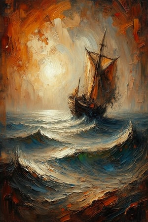 "a yawl sailboat in an unexpected location, unfiltered, powerful emotional expression evokes strong, direct emotions without being softened or polished, using rough, spontaneous brushstrokes, textures, genuine and honest, fundamental, basic human experiences and emotions, direct, unmediated way, intensity, authenticity", "raw, unfiltered, surreal, abstract, oil painting, dark colors, light and shadow, warm tones, dramatic lighting, textured brushstrokes, abstract background, bold colors, atmospheric, moody"