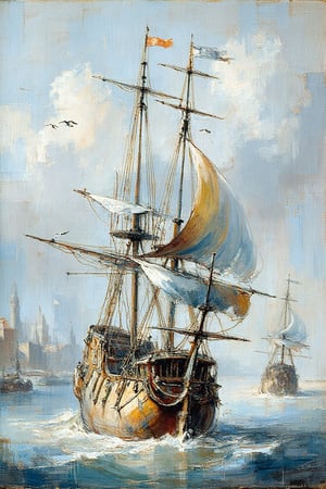 "In the style of Francis Bacon", "An abstract expressionist, 18th-century maritime scene depicting a large wooden sailing ship with tall masts and partial sails in calm waters. The brushstrokes are expressive. The ship is detailed with ornate carvings and flags, reflecting the design of a historical warship or merchant vessel. Other ships can be seen in the background. The sky is partly cloudy, casting soft reflections on the water's surface. The setting includes distant coastal architecture and a tranquil atmosphere, with gentle waves and seagulls flying around."