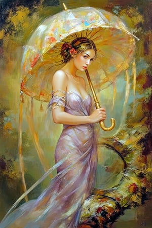 "A beautiful young woman stands in an ethereal, slightly bent pose, holding a large, ornate umbrella. The umbrella features intricate, flowing Art Nouveau patterns, blending soft, muted tones of red, orange, yellow, green, blue, and purple with golden tassels delicately hanging from its edges. The woman wears a flowing, elegantly draped lilac gown that appears to be a part of the swirling, organic background. Her face, framed by delicately waved hair adorned with a crown of red flowers, glows with soft, diffused lighting. Long, flowing ribbons swirl dramatically around her, blending into the atmospheric backdrop. The background is a rich tapestry of organic, floral motifs inspired by Mucha's Art Nouveau, combined with the dark, mystical, and otherworldly textures of Karol Bak. Dreamlike, surreal elements appear subtly in the environment, with hints of mythological creatures or symbols integrated into the swirling patterns. The mood is a blend of romanticism and fantasy, where the realism and detail of the woman's form contrast with the ethereal, decorative environment. The scene is imbued with a sense of elegance, mystery, and fantasy, rendered in soft, flowing lines and intricate, hyper-detailed textures that bring the scene to life with a mythic and dreamlike atmosphere."