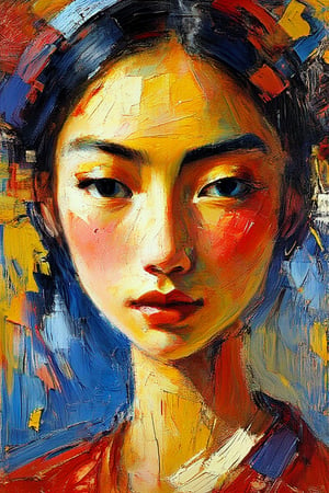 Portrait view, create an abstract, neo-expressionist painting of a tall, skinny, beautiful asian supermodel, use extremely heavy, textured impasto brush strokes, high level of sharpness, making facial features clear and distinct, clean, defined edges