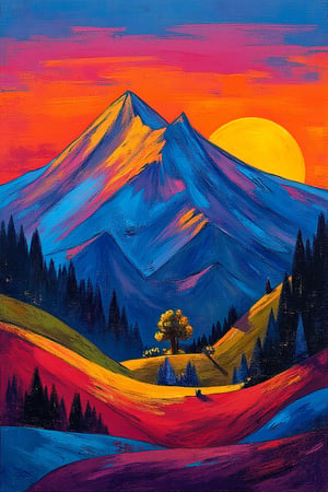 "In the style of David Hockney and Vibrant Landscape Art.", "Create a vibrant landscape art piece featuring a dynamic mountain scene with a colorful sunset. Use bold, saturated colors and expressive brushstrokes to convey energy and emotion. Incorporate striking contrasts of light and shadow, with a dramatic sky and rich, textured foreground. The composition should evoke a sense of movement and excitement, capturing the natural beauty in an idealized, heightened manner."