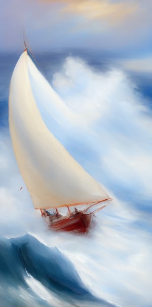 Create a fine art oil painting of a sailboat in rough seas, white sails, huge waves, heavy impasto brushstrokes, an impressionistic, painterly style, civetartstyle