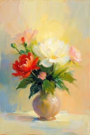 A fine art oil painting in the style of Abbott Handerson Thayer, featuring a vase of flowers that radiates a serene, spiritual quality. The blooms, in soft shades of red, pink, and white, appear luminous and gently glow against a subtle background. The brushstrokes are delicate and refined, avoiding sharp edges and instead creating a harmonious blend of colors. The lush green leaves and flowers seem to emanate a quiet radiance, with the composition focusing on a sense of protection and tranquility. The background consists of muted, earthy tones like warm creams and soft pastels, evoking a natural and peaceful atmosphere. The painting emphasizes a sense of purity and ethereal beauty, with a poetic, meditative mood that transcends the ordinary. The overall style is characterized by gentle light effects and refined color transitions, creating a dreamlike yet grounded quality in line with Thayer's approach to art.