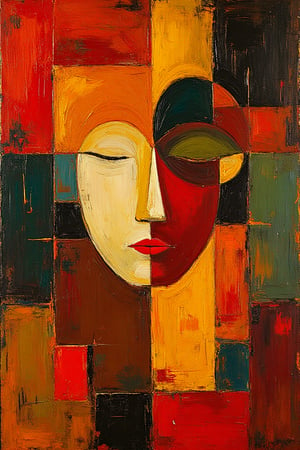 "((masterpiece, best quality, highest quality)), (rich abstract shapes:1.4), a surreal and dreamlike composition with bold, contrasting colors. A stylized abstract figure with closed eyes in a harmonious state, rendered with saturated hues of warm ochre, deep amber, and vibrant red, accented with hints of olive green and midnight blue. ((Dynamic volumetric light and natural luminosity)) bring depth, while rich textures evoke a tactile feel. The figure’s features are simplified yet expressive, set against a richly toned background, creating a balance of warmth and intensity. Glossy textures with light catching the edges add subtle highlights. The overall composition exudes tranquility and intrigue, with organic and geometric forms adding a sense of mystery."