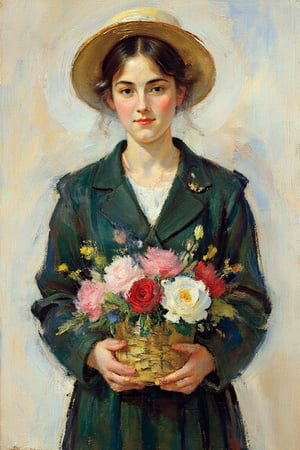 "A realistic portrait painting in the style of Aukusti Uotila, depicting a young woman holding a basket of roses. The woman has short, dark hair and is wearing a dark green dress with a subtle floral brooch. She wears a straw hat, slightly tilted, with a warm, kind expression on her face. Her basket is filled with a variety of roses in soft pinks, reds, and whites. The background is neutral, with soft, muted tones that emphasize the subject's gentle presence. The painting is rendered in smooth, detailed brushstrokes, capturing both the texture of the fabric and the delicate petals of the flowers, giving it a natural and lifelike quality."