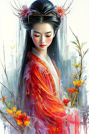 "In a surreal, expressionist style, the portrait of a petite Asian girl with long, flowing black hair and delicate features is set against a radiant white background. She is dressed in a vibrant red traditional gown, and her face is softly illuminated, capturing her serene expression as she looks down with a gentle smile. Delicate flowers seem to blossom around her, blending seamlessly into the dreamlike atmosphere. In the background, hints of a whimsical, mystical landscape emerge, with subtle details of bamboo trees framing the scene. Rich tones of emerald and violet shimmer softly around her, as if infused with an ethereal glow. A double exposure effect adds layers of depth to the portrait, while splashes of vibrant paint decorate the edges, lending an abstract quality. The composition is a blend of fine, hand-drawn lines and bold watercolor strokes, creating a captivating fusion of classical beauty and modern artistry."