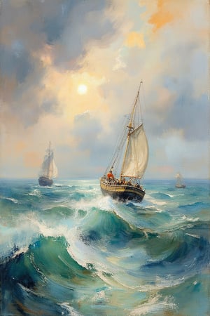 "A medium shot of a boat with sailors struggling against rough seas, set against a stormy sky. The boat is placed closer to the foreground, navigating through choppy waves, with visible sailors working hard against the sea. The sea is in muted tones of blue, green, and gray, with dynamic waves breaking around the boat. The sky is stormy, filled with dramatic clouds in shades of gray and beige, with subtle sunlight breaking through. In the distance, additional ships are visible on the horizon, slightly blurred by the misty atmosphere. The lighting is soft and diffused, contributing to the stormy atmosphere. The style of the painting is watercolor, with visible washes, soft brushstrokes, and delicate, transparent textures in both the sky and sea. (masterpiece, ultra-high resolution, sharp focus, crystal clear details, vivid textures, high clarity, defined edges, ultra-sharp textures, subsurface scattering, while the background remains softly blurred and less defined)."