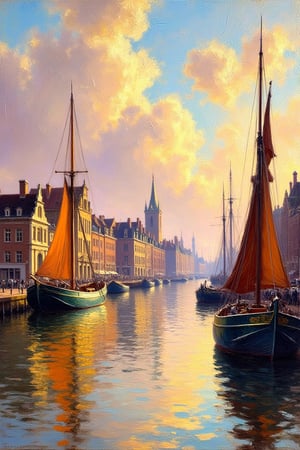 In an Impressionist style with increased impasto brushstrokes, the scene is a reinterpretation of 'The View of Dordrecht.' The famous Dutch town of Dordrecht is depicted from the river Merwede, with the skyline of the town, its church towers, and traditional buildings softly outlined in the distance. The water of the river flows calmly, reflecting the golden hues of a late afternoon sky, painted with thick, textured impasto strokes. Sailboats and ships rest along the river, their sails catching the gentle breeze, rendered with bold, layered strokes. The clouds in the sky are painted with rich, textured brushstrokes, blending into warm tones of orange and pink. The increased impasto adds depth and texture to the scene, capturing the tranquility and harmony of the moment in a tactile, expressive style.