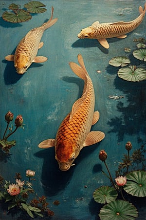 (masterpiece, ultra-high resolution, intricate details, sharp focus, crystal clear, vivid, high clarity, defined edges, ultra-sharp textures, crisp details, subsurface scattering), "a fine art oil painting", "impressionist style", "lily pond, koi, fish"  