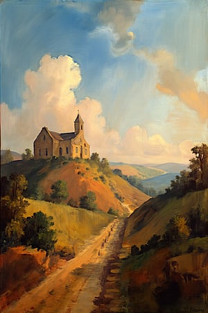 Painting style is characterized by a expansive, dystopian landscape, featuring the ruins of a distant church on a hill. 