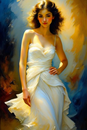 "An abstract, impressionist oil painting of a stunningly beautiful woman wearing a flowing white dress, with vibrant, rich oil paint colors, visible brush strokes, and a dramatic, expressive background. The woman is standing confidently, her dress flowing and textured, with a dynamic and graceful pose. She has striking features, with a serene and captivating expression, looking directly at the viewer with soft, open eyes. The background features bold, contrasting colors, creating a sense of movement and intensity."