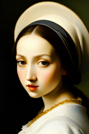 (masterpiece), Create a painting in the style of Johannes Vermeer and the Dutch Golden Age. Feature a young woman with dark hair, white hat, the aesthetic considerations of line, color, and form, and emphasize figurative art. Highly detailed face with straight, beautiful nose, clear, beautiful eyes, and smooth skin. Use fully saturated colors.",classical realism