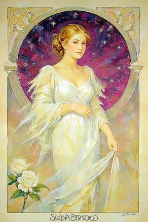 "Art Nouveau poster featuring Sarah Bernhardt in a flowing white gown with intricate folds. The background consists of a starry, purple and pink pattern enclosed by decorative arches. Include stylized roses in the foreground, with green stems and white petals. Above, the title 'La Dame aux Camélias' and 'Sarah Bernhardt' is written in ornate typography. The overall style is characterized by elegant lines, soft pastel colors, and detailed floral motifs typical of Alphonse Mucha’s Art Nouveau work."
