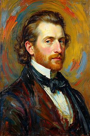 "Create a fine art oil portrait that blends the elegance of Jan Maurits Quinkhard's Rococo style with the expressive energy of Vincent van Gogh. The portrait depicts a man with a refined yet dynamic quality, featuring a combination of meticulous details and bold, textured brushstrokes. The man is portrayed against a richly textured background that incorporates swirling patterns and vivid colors, adding depth and movement while retaining a sense of opulence. The background consists of luxurious tones that evoke a classic Rococo atmosphere, but with Van Gogh's expressive style, bringing a lively, modern twist. Use a warm, harmonious color palette with strong contrasts of light and shadow to sculpt the facial features, balancing grace and intensity. The overall composition should capture the dignified charm of Rococo portraiture, infused with Van Gogh's bold brushwork and emotional resonance, resulting in a portrait that feels both sophisticated and full of life."