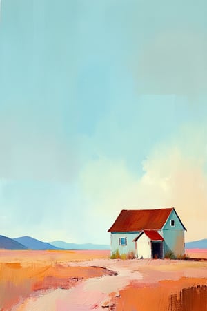 "A minimalistic, isolated rural scene featuring a small, weathered house or barn with a rusted metal roof. The building sits on a flat, open landscape with barren, dry soil. The ground is subtly textured with patches of dry grass, cracked earth, and shades of dusty pink, brown, and orange. The vast, expansive sky has a soft blue gradient, with faint clouds barely visible near the horizon. The scene evokes solitude and tranquility, with a distant, slightly defined horizon and a few faint hills in the far background."