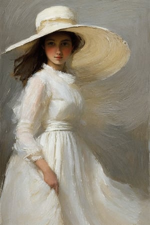 Impressionism, in the style of Frank Weston Benson, "A young woman with dark hair, white hat, long flowing white dress", (extremely sharp:1.2), (high-definition:1.2), (clean, crisp edges:1.2), (ultra-sharp textures:1.2), (focus on fine details:1.2), (high contrast lighting:1.2), (perfect clarity:1.2)