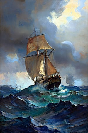 "A large, weathered sailing ship with torn, billowing sails struggling against turbulent, crashing waves in a stormy sea. The ship tilts dramatically as it battles the fierce ocean. The waves are dark and powerful, topped with white foamy crests, surging around the ship. Above, the sky is filled with dark, menacing storm clouds, with occasional rays of sunlight breaking through, casting a dramatic light on the scene. In the background, smaller ships are tossed by the storm, barely visible through the mist and rain. The overall atmosphere is tense and powerful, with a strong sense of motion and impending danger."