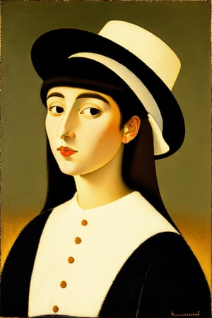 "Create a painting in the style of synthetism, Émile Bernard, and Paul Sérusier. Feature a young woman with dark hair, white hat, the aesthetic considerations of line, color, and form, and emphasize figurative art. Use fully saturated colors.", sks style,Realistic