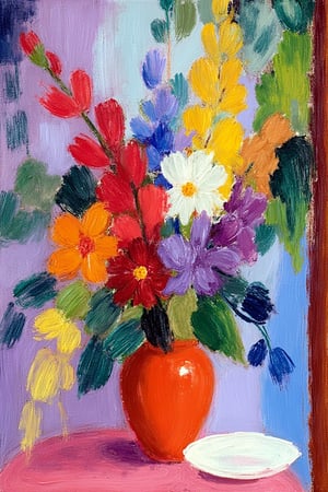 "An expressive post-impressionist painting in the style of Magnus Enckell, featuring a vibrant bouquet of flowers in a terracotta bowl. The flowers are a mix of bright colors, including reds, purples, yellows, and whites, blending together in loose, dynamic brushstrokes. The background is an abstract mix of soft pastel hues—lavender, pink, and green—creating a dreamy, almost ethereal atmosphere. The painting emphasizes color and texture, with rich, thickly applied paint and dappled light, giving the composition a vibrant and spontaneous feeling. The scene includes a small white plate on the table, adding to the domestic yet lively ambiance."