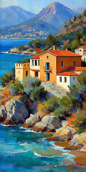 "Elegant Mediterranean villa with warm, sunlit orange stucco walls and a classic red-tiled roof, perched alone on a dramatic cliff overlooking vibrant turquoise waters. The villa features large windows and a charming balcony with white-trimmed accents. Rich green foliage and rugged stone surround the villa, with textured rocks cascading down to the shoreline. Sunlight highlights the villa, casting warm shadows that accentuate the natural contours of the landscape. The background reveals majestic, rugged mountains with subtle hues, adding depth and grandeur to the scene. Clear, vivid water with gentle waves lapping against the rocks, completing the striking and serene coastal atmosphere."