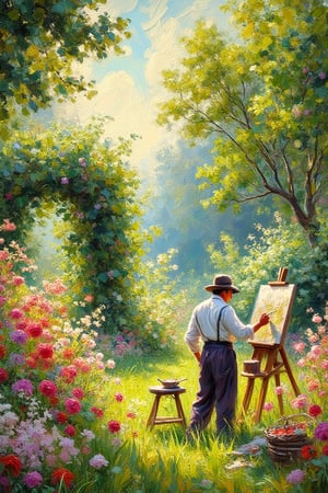 A reimagined scene of a master painter working in his garden at Argenteuil, depicted in an Impressionist style with reduced impasto. The painter stands amidst a vibrant, sunlit garden, surrounded by blooming flowers and lush greenery as he carefully works at his easel. Soft, flowing brushstrokes capture the delicate light filtering through the foliage, highlighting the vibrant array of colors in the garden. The figure of the painter is rendered with expressive yet refined strokes, while the background, filled with flourishing blooms and a bright sky, blends seamlessly with smooth, light textures. The reduced impasto brings a sense of subtlety and refinement to the piece, allowing for soft, harmonious transitions between colors, evoking the peaceful, immersive atmosphere of nature as the painter loses himself in the tranquility of his surroundings.