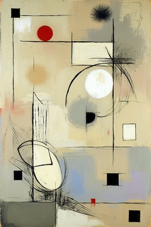 "Abstract surrealist composition inspired by Paul Klee, featuring a collection of geometric forms and organic shapes floating on a muted, textured background. Arrange the shapes with a balanced composition, using overlapping and hierarchical placement to create a sense of depth and layered abstraction. Incorporate value contrast with darker, well-defined elements in the foreground and softer, faded shapes receding into the background, suggesting an ethereal space. Include circles, lines, arcs, and other minimalist shapes, each appearing almost suspended within a surreal, dreamlike plane. Add subtle shadows and slight color variations to evoke a harmonious yet abstract arrangement that feels simultaneously structured and free-form. Maintain a rhythm in spacing, allowing each form to breathe while contributing to a balanced, mystical aesthetic.",  "Random abstract symbols and linework scattered throughout the composition, in thin, scratchy, black and white lines. Small circular accents in white and red add contrast. Faded geometric squares and a large rectangle of subtle, dark color at the bottom."